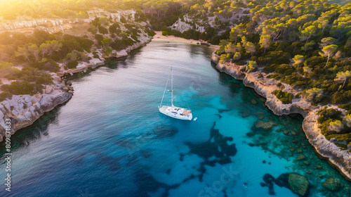 Drone Aerial Photo of a Sailing Yacht in the Transparent Turquoise Waters of an Island