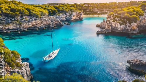 Drone Aerial Photo of a Sailing Yacht in the Transparent Turquoise Waters of an Island photo