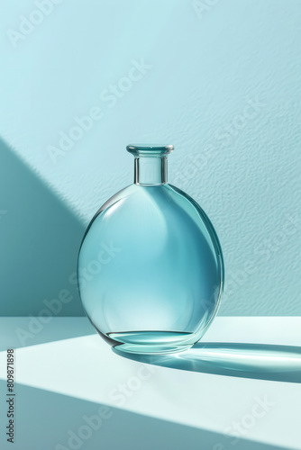 Transparent glass bottle with shadow on blue wall.