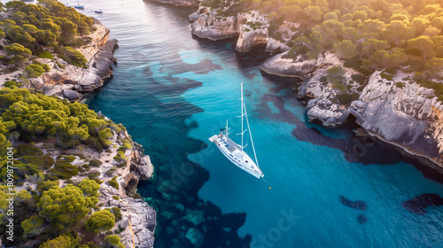 Drone Aerial Photo of a Sailing Yacht in the Transparent Turquoise Waters of an Island © Creativision