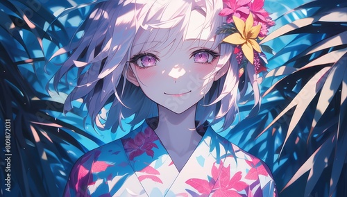 A beautiful girl with white hair and pink eyes, wearing colorful neon floral summer, in the style of anime.  photo