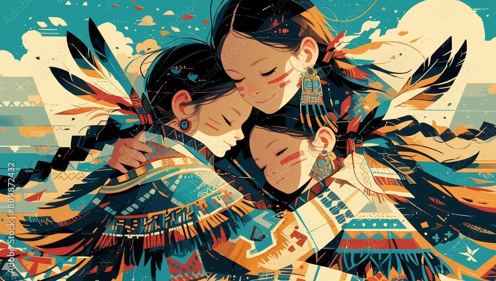 A beautiful Native American woman with long hair and her two young daughters in colorful traditional . Abstract art