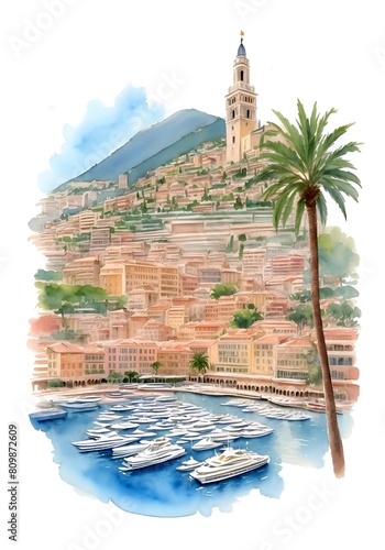 Monaco Country Landscape Watercolor Illustration Art