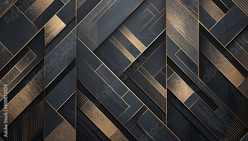 A black and gold geometric pattern background, featuring rectangular blocks of different sizes arranged in an abstract design. The blocks have straight edges with golden accents