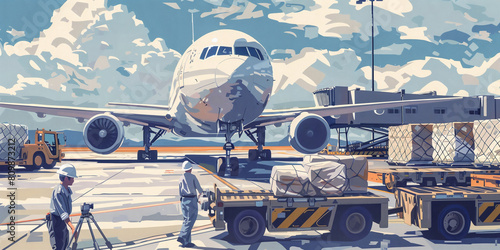 an air cargo journey from Korea to Japan for an overseas direct purchase. The artwork captures the dynamic process of international shipping, starting with the preparation of goods photo