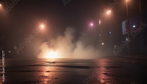 Wet asphalt, reflection of neon lights, a searchlight, smoke. Abstract light in a dark empty street with smoke, smog. Dark background