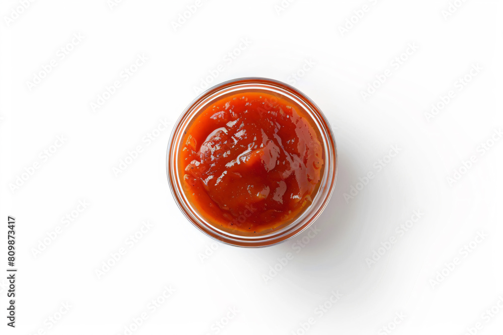 a jar of ketchup on a white surface a jar of ketchup on a white surface