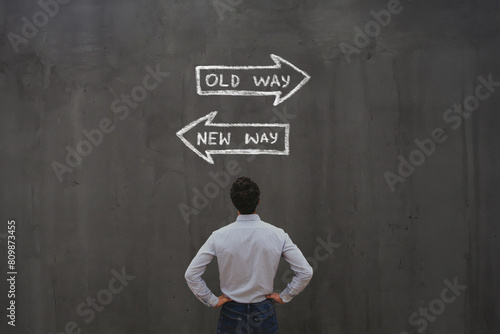 old way vs new way, innovation, improvement and change management business concept on chalk board