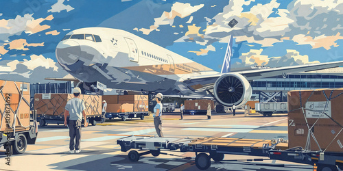 an air cargo journey from Korea to Japan for an overseas direct purchase. The artwork captures the dynamic process of international shipping, starting with the preparation of goods photo
