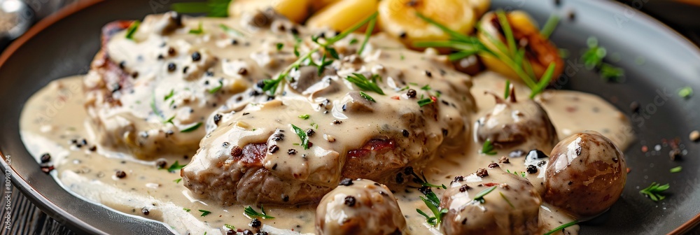 Immerse yourself in the creamy delight of peppercorn sauce, its rich aroma and savory flavor captivating Immerse yourself in the creamy delight of peppercorn sauce, its rich aroma and savory flavor captivating