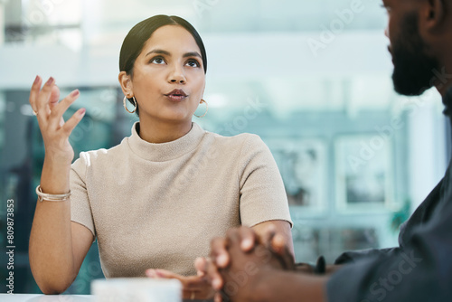 Photography Meeting, planning and talking with business woman in office to explain direction or vision for company