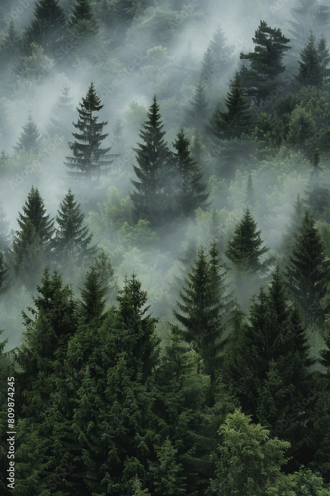 Fototapeta premium Misty foggy forest, fir mountains, natural mist landscape, dark woods view, mystery clouds on pine trees