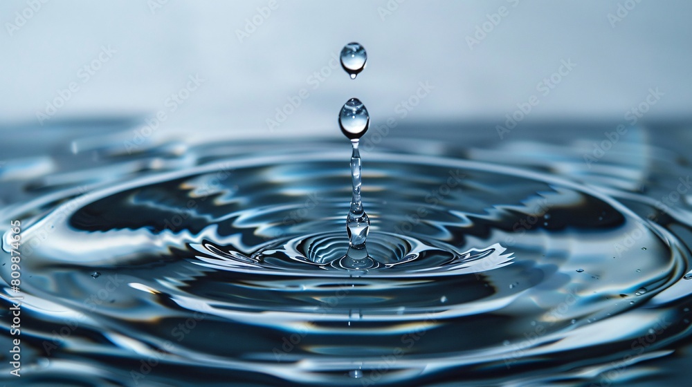 This image captures a single water droplet falling into a calm body of water, creating concentric ripples. The serene blue tones and the stillness of the scene evoke a sense of tranquility. This image captures a single water droplet falling into a calm body of water, creating concentric ripples. The serene blue tones and the stillness of the scene evoke a sense of tranquility.