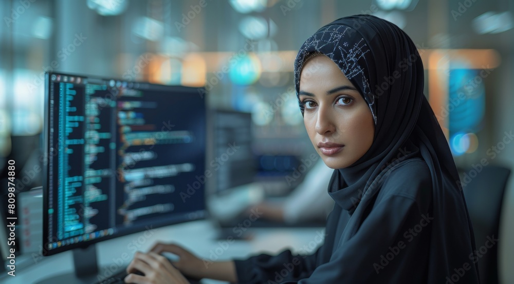 Saudi woman in hijab sitting at a desk with multiple monitors showcasing data Saudi woman in hijab sitting at a desk with multiple monitors showcasing data