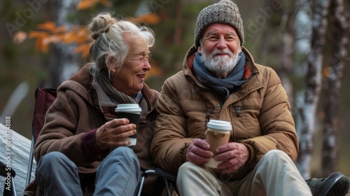 Photo of a senior couple drinking coffee while camping in the forest.