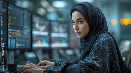 Saudi woman in black hijab working on computer in futuristic office