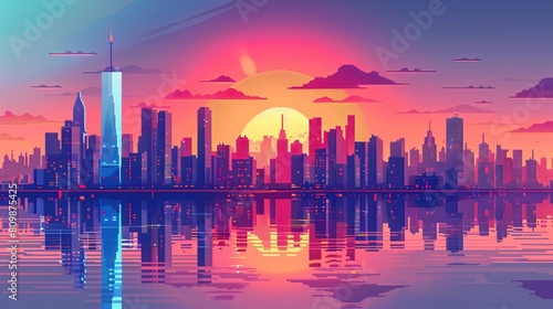 Cityscape in pixelated video game flat design front view urban dystopia water color Monochromatic Color Scheme photo