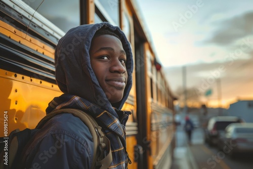 african american teenage boy student disembarking school bus education concept photo