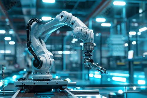 The industrial robot works automatically in the smart autonomous factory, illustration Industrial robot works, AI-generated