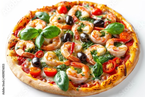 Pizza with Shrimps, Kalamata Olives, Pesto, Mozzarella Cheese, Basil, Cherry Tomatoes and Chili