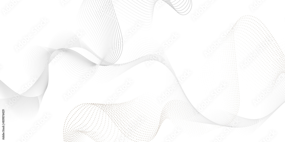 Abstract grey, white smooth element swoosh speed wave modern stream background. Wave with lines created using blend tool. Abstract frequency sound wave lines and twisted curve lines background.