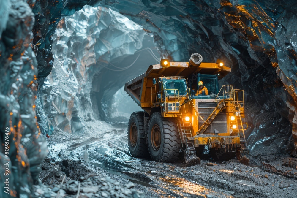 A robust mining truck navigates through a rocky mine tunnel as a worker observes nearby A robust mining truck navigates through a rocky mine tunnel as a worker observes nearby
