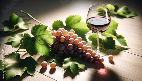 Bunch of ripe grapes rests on green grape leaves, next to a glass of red wine, AI-generated.