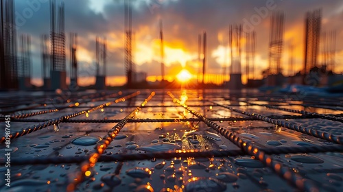 Macro shot of rebar with droplets reflecting the sunset, set against the ongoing work at a construction site photo