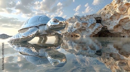 Metallic Turtle Sculpture Reflecting in Crystalline Pool