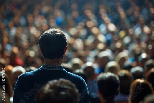 blurred audience listening to public speaker on stage leadership and influence concept