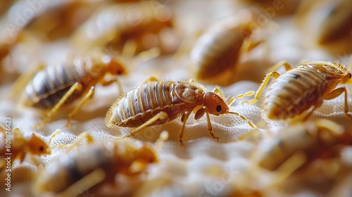 Macro photography of bed bugs on a mattress, highlighting their interaction and movement photo