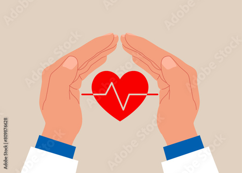 Hands protecting the heart. Health insurance. Protection concept, care medical, healthcare.  Flat Vector illustration.