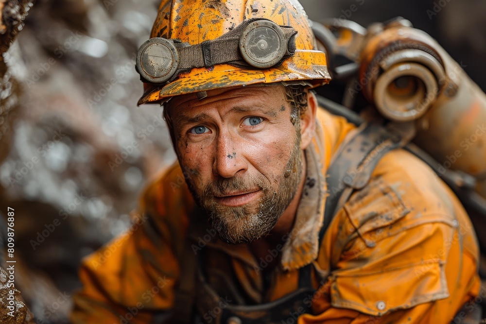 Focus on a miner's hardhat highlights personal safety equipment against the backdrop of a mine Focus on a miner's hardhat highlights personal safety equipment against the backdrop of a mine