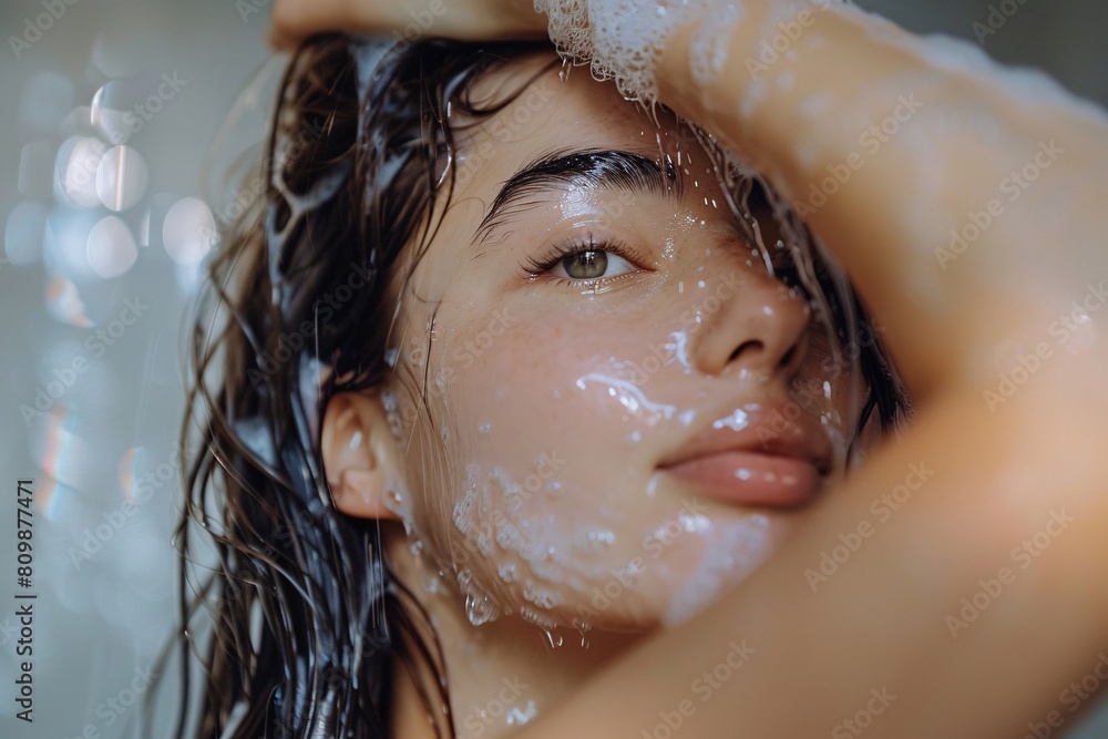 Portrait of a woman shampooing her hair in the shower, her expression calm and content Portrait of a woman shampooing her hair in the shower, her expression calm and content