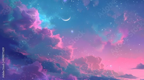 Pink and blue sky moon illustration poster background