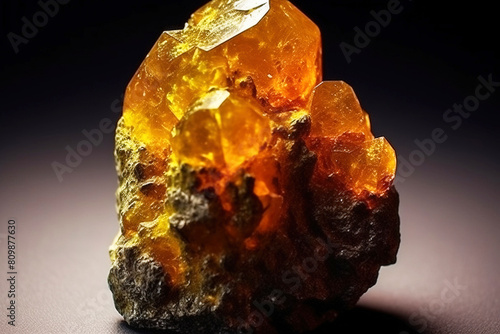 Orpiment fossil mineral stone. Geological crystalline fossil. Dark background close-up. photo