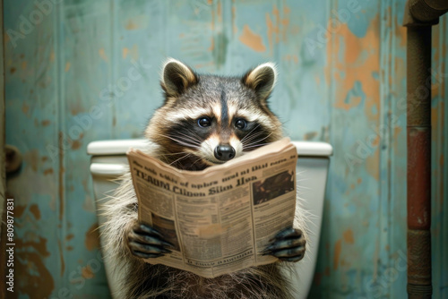 Raccoon sitting on toilet and reading the newspaper	
