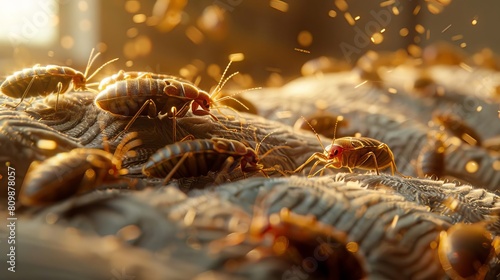 High-detail image of bed bugs navigating the fibrous terrain of a mattress at twilight photo