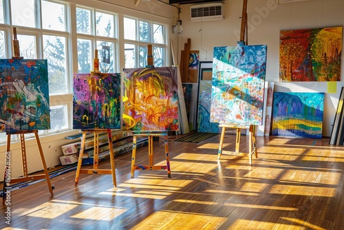 colorful abstract paintings displayed on easels in sunlit art studio with hardwood floors