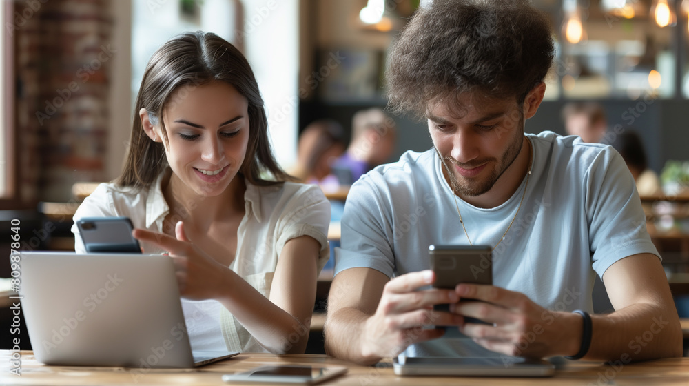Close up view of man and woman using smartphones discussing mobile apps concept, couple talking holding cellphones synchronizing information online with laptop, checking news or texting messages. Close up view of man and woman using smartphones discussing mobile apps concept, couple talking holding cellphones synchronizing information online with laptop, checking news or texting messages.