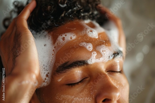 Close-up of a man s face as he massages shampoo into his scalp  eyes closed in relaxation