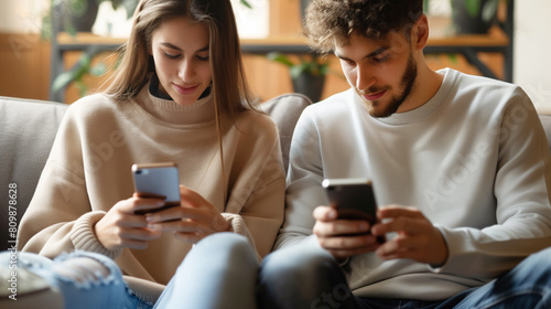 Close up view of man and woman using smartphones discussing mobile apps concept  couple talking holding cellphones synchronizing information online with laptop  checking news or texting messages.