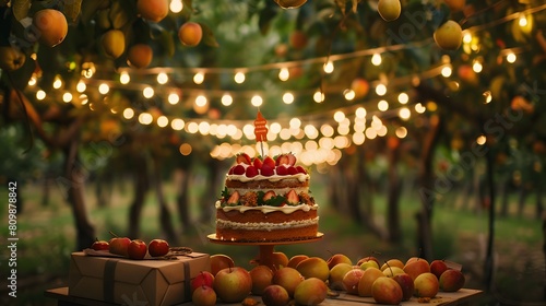 A birthday party in an orchard, featuring a fruit-topped cake, gifts wrapped in natural paper, and strings of fairy lights illuminating the trees photo