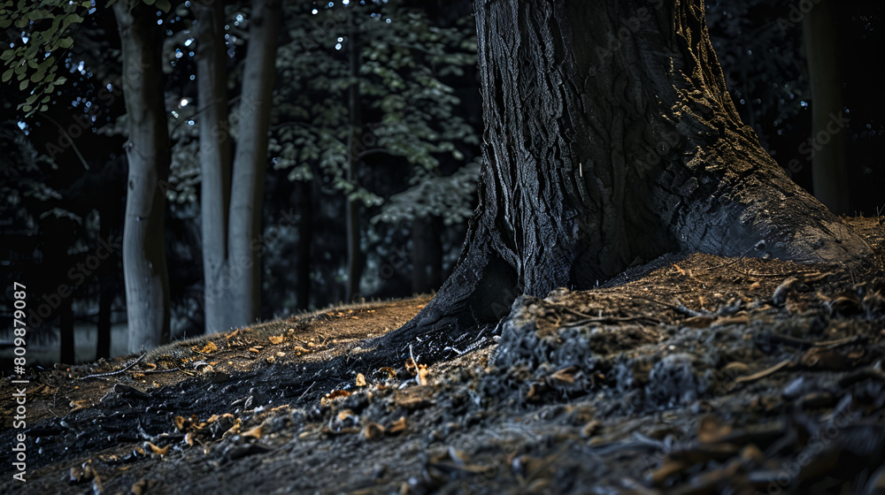 photo real close up of tree trunk with other trees in background and large earth mound above ground view at night photo real close up of tree trunk with other trees in background and large earth mound above ground view at night