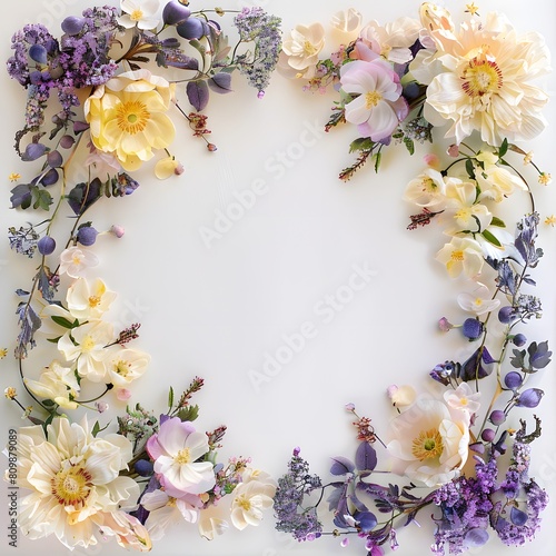 Delicate square wreath with yellow flowers  herbs and leaves for wedding and birthday invitations  greeting cards and business cards.