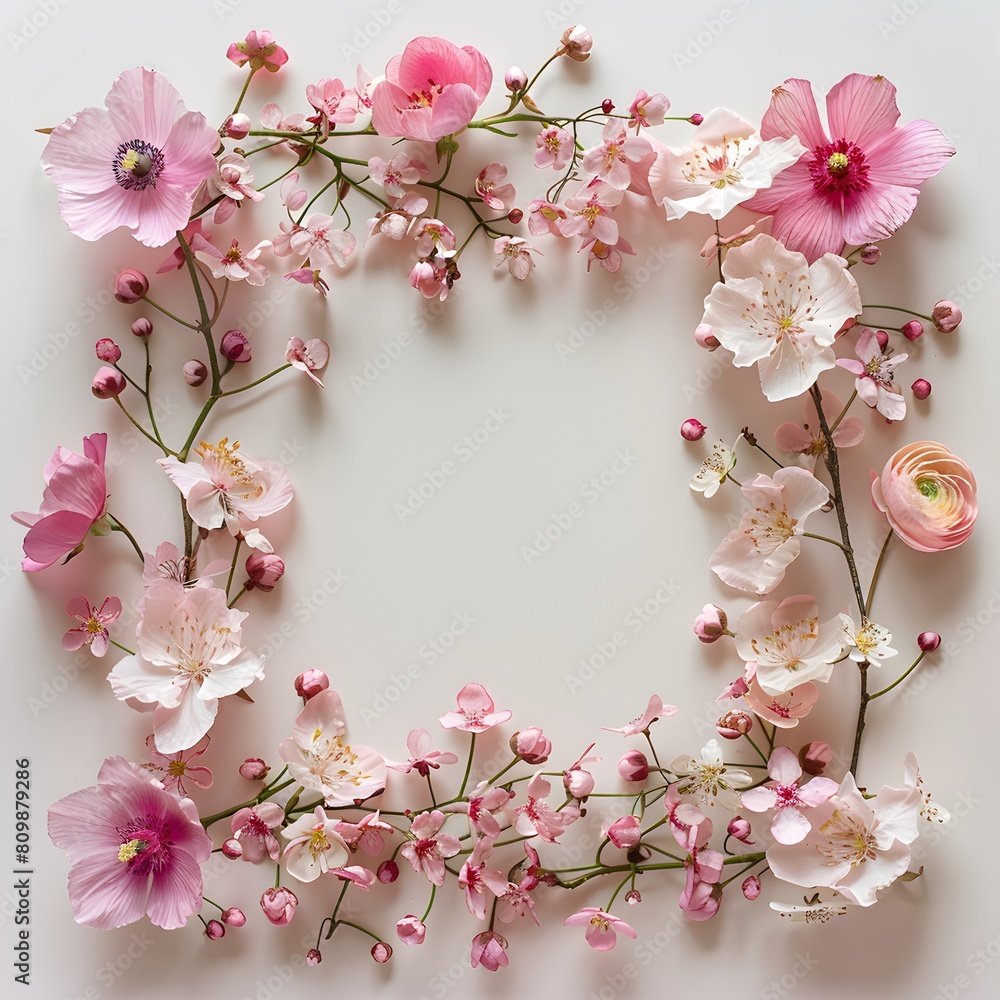 Obraz premium Delicate square wreath with pink flowering branches for wedding and birthday invitations, greeting cards and business cards.