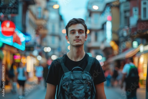 confident young man with backpack exploring vibrant bustling city streets