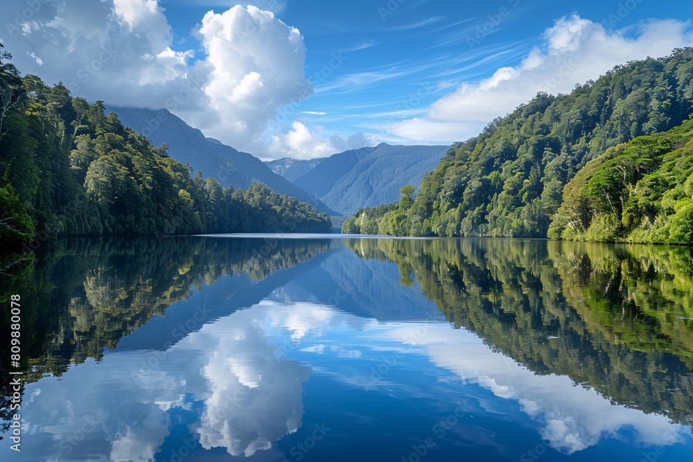 A tranquil lake surrounded by lush forests and mirrored reflections of the sky