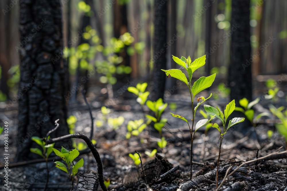 A regenerating forest after wildfire with new growth emerging from charred trees A regenerating forest after wildfire with new growth emerging from charred trees