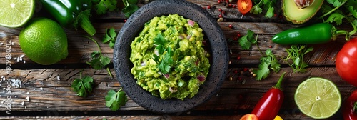 A rustic wooden table adorned with bowls of chunky guacamole, surrounded by colorful vegetables and herbs photo